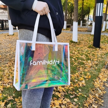 Geantă de mână din PVC transparent cu design laser colorat, geantă pentru haine și cadouri, geantă TPU în stil jeleu