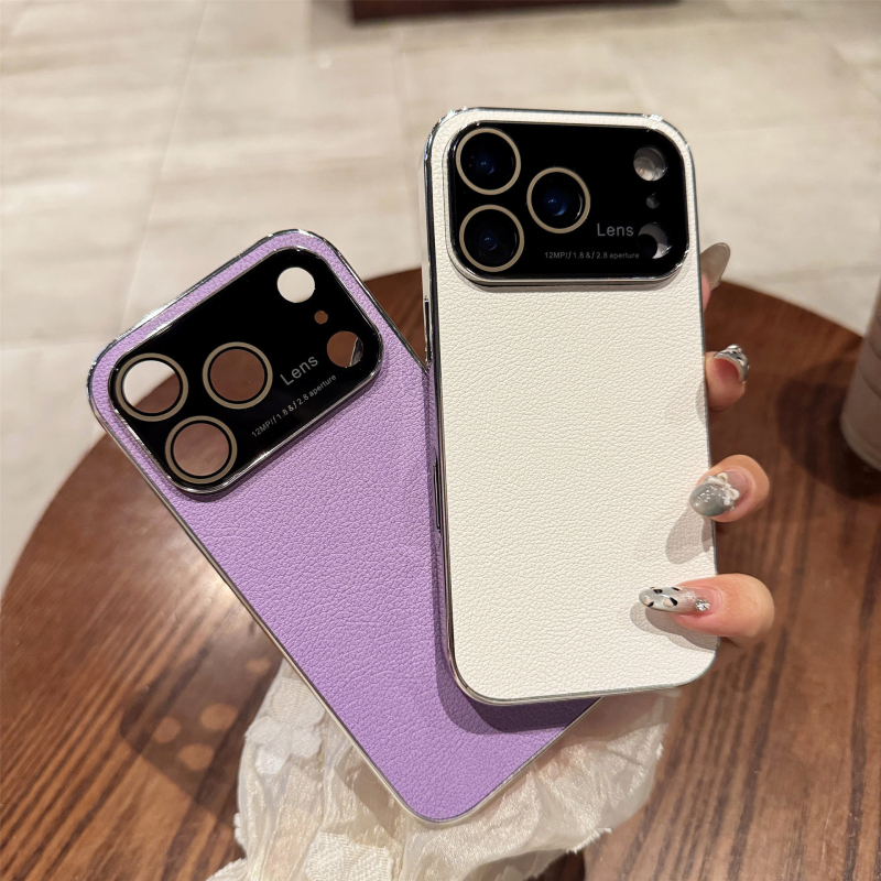 Maska za iPhone 17 Pro s velikim prozorom, tekstura kože liči, elektroplatinirani završetak, otporna na udarce i otiske prstiju