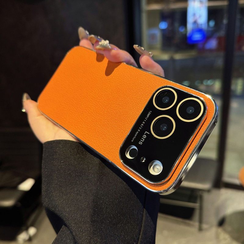 Maska za iPhone 17 Pro s velikim prozorom, tekstura kože liči, elektroplatinirani završetak, otporna na udarce i otiske prstiju