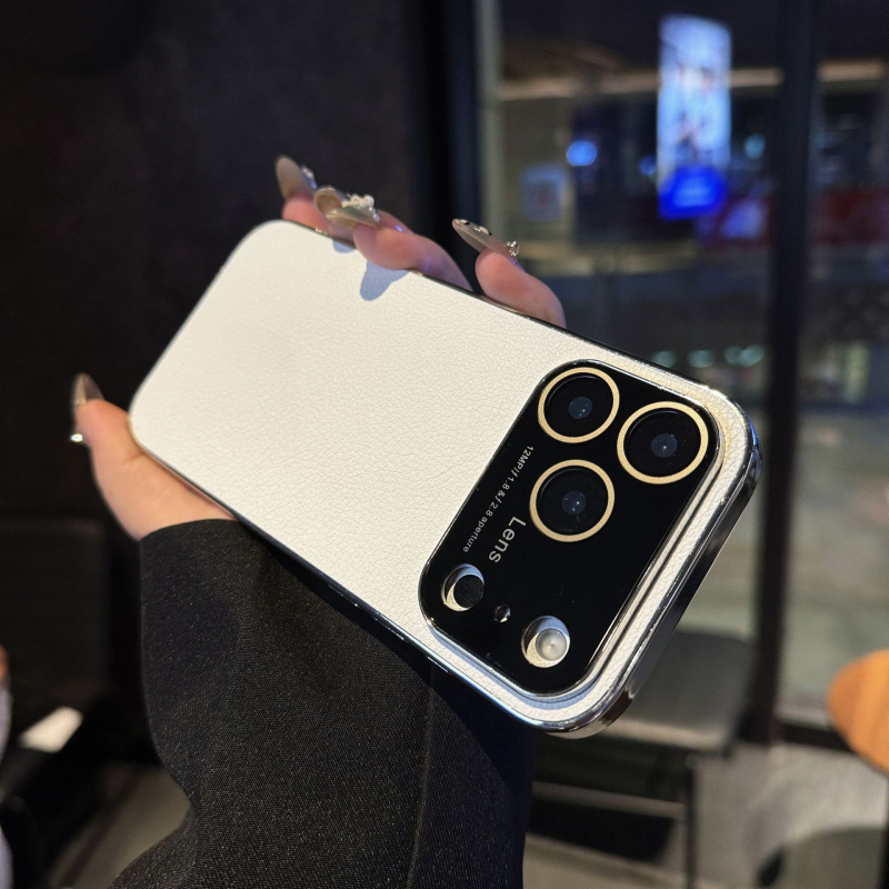 Maska za iPhone 17 Pro s velikim prozorom, tekstura kože liči, elektroplatinirani završetak, otporna na udarce i otiske prstiju