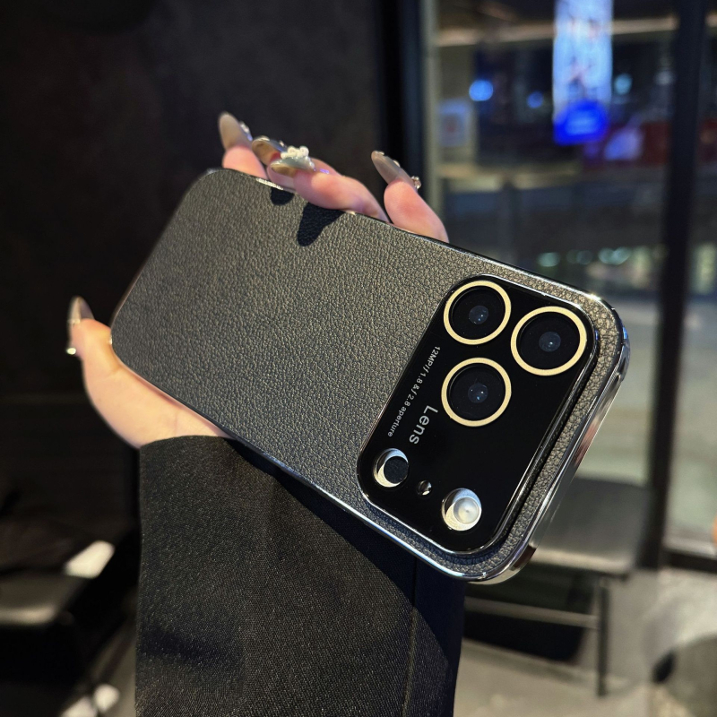 Maska za iPhone 17 Pro s velikim prozorom, tekstura kože liči, elektroplatinirani završetak, otporna na udarce i otiske prstiju