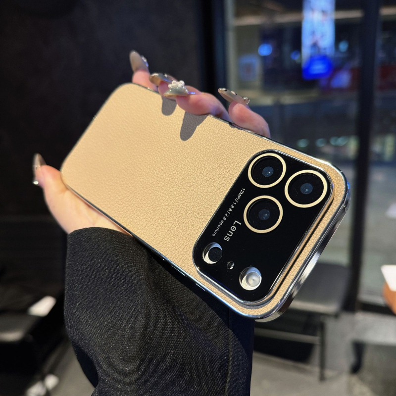 Maska za iPhone 17 Pro s velikim prozorom, tekstura kože liči, elektroplatinirani završetak, otporna na udarce i otiske prstiju