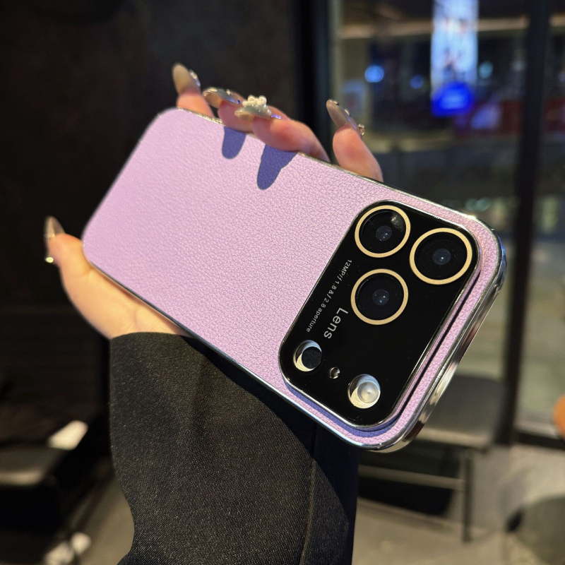 Maska za iPhone 17 Pro s velikim prozorom, tekstura kože liči, elektroplatinirani završetak, otporna na udarce i otiske prstiju