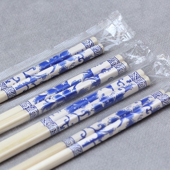 Bețișoare de bambus de unică folosință, cu design bleu-alb de porțelan, lucrate manual, ideale pentru ambalare pentru takeout, pentru hoteluri, nunți și uz casnic.
