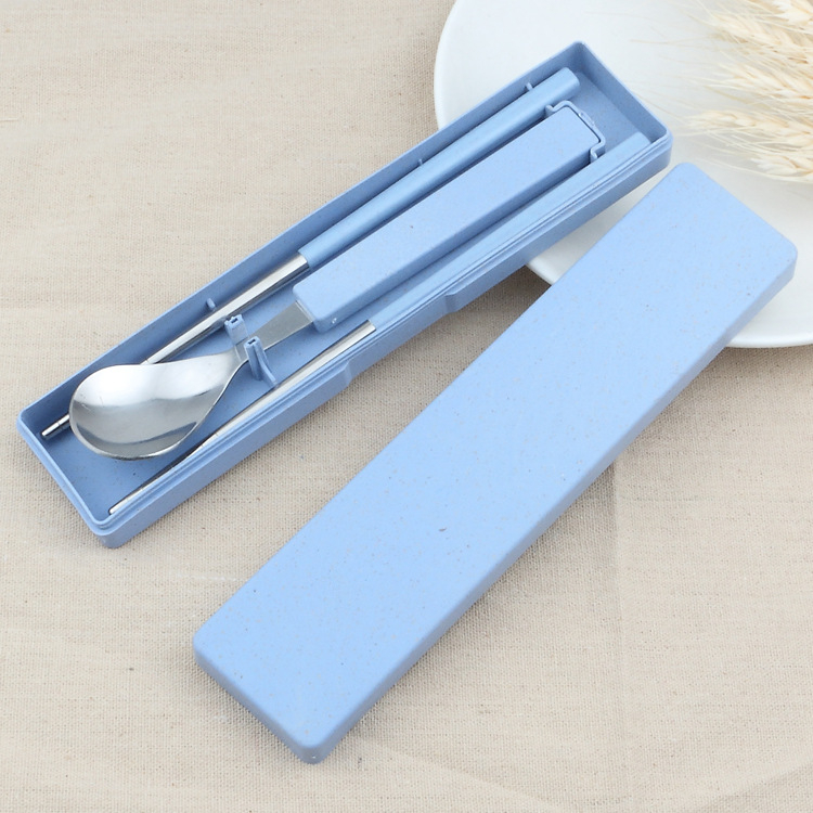 Set portabil tacâmuri din paie de grâu, cu mânere pătrate, lingură și bețișoare, oțel inox 410, pentru copii și uz casnic
