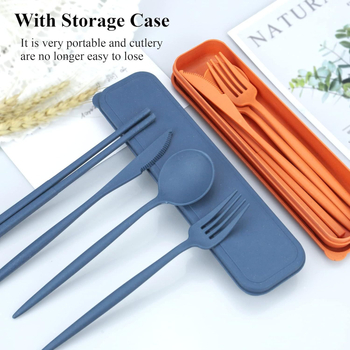 Set tacâmuri din paie de grâu – 4 piese cu cutie de depozitare, cuțit, furculiță, lingură și bețișoare, portabil în stil Nordic