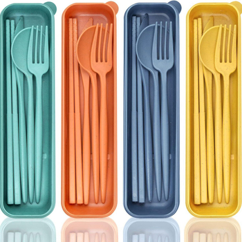 Set tacâmuri din paie de grâu – 4 piese cu cutie de depozitare, cuțit, furculiță, lingură și bețișoare, portabil în stil Nordic