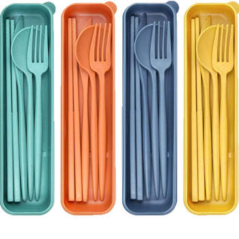 Set tacâmuri din paie de grâu – 4 piese cu cutie de depozitare, cuțit, furculiță, lingură și bețișoare, portabil în stil Nordic
