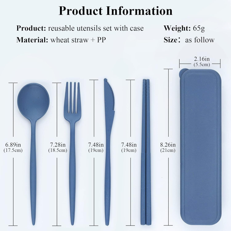 Set tacâmuri din paie de grâu – 4 piese cu cutie de depozitare, cuțit, furculiță, lingură și bețișoare, portabil în stil Nordic