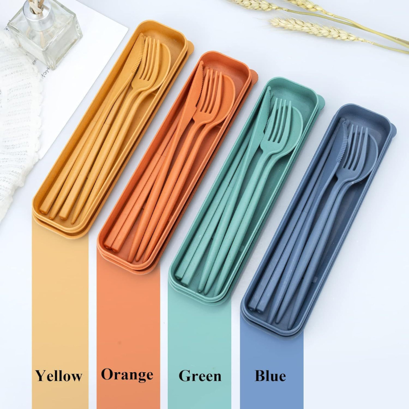Set tacâmuri din paie de grâu – 4 piese cu cutie de depozitare, cuțit, furculiță, lingură și bețișoare, portabil în stil Nordic