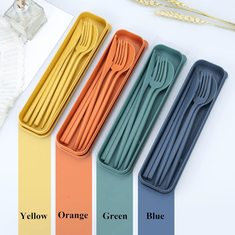 Set tacâmuri din paie de grâu – 4 piese cu cutie de depozitare, cuțit, furculiță, lingură și bețișoare, portabil în stil Nordic