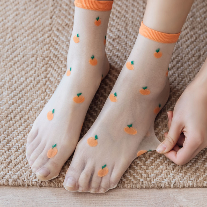 Izuzetno tanke prozirne čarape s voćnim cvjetnim motivom u japanskom stilu, Jacquard tkanina, 10D najlon, duljina do sredine potkoljenice, prozračna, za proljeće i ljeto