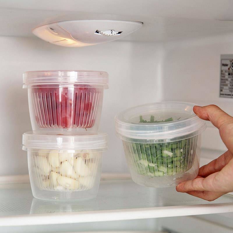 Set de recipiente pentru depozitare în frigider cu drenaj pentru ceapă verde, ghimbir și usturoi — recipiente din plastic sigilate