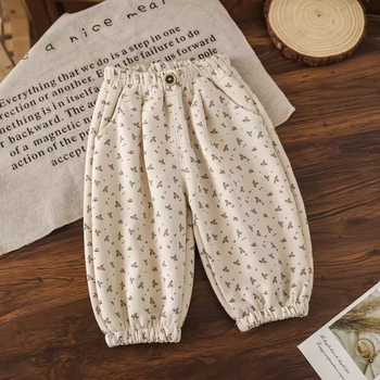 Pantalone za bebe djevojčice u francuskom stilu s cvjetnim uzorkom, proljeće–jesen, široke, dugačke hlače s lampastim krojem