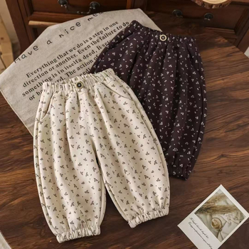 Pantalone za bebe djevojčice u francuskom stilu s cvjetnim uzorkom, proljeće–jesen, široke, dugačke hlače s lampastim krojem