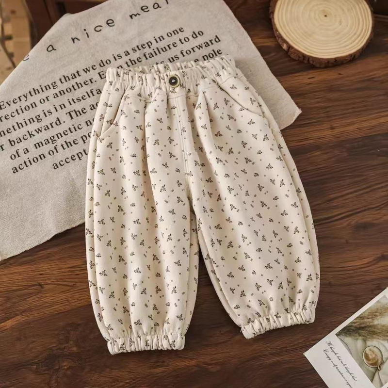 Pantalone za bebe djevojčice u francuskom stilu s cvjetnim uzorkom, proljeće–jesen, široke, dugačke hlače s lampastim krojem