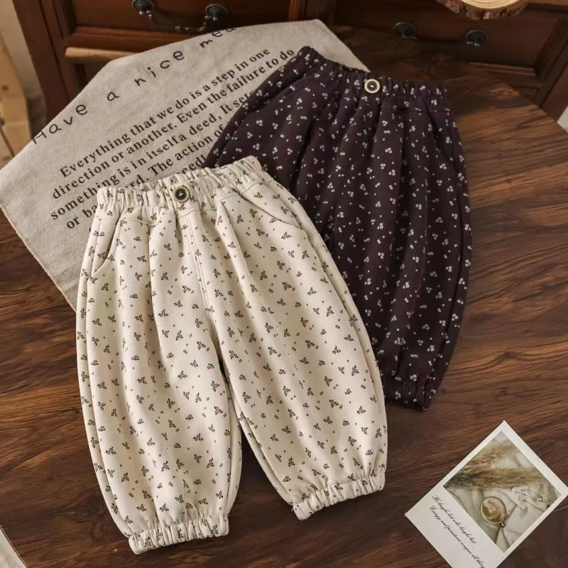 Pantalone za bebe djevojčice u francuskom stilu s cvjetnim uzorkom, proljeće–jesen, široke, dugačke hlače s lampastim krojem