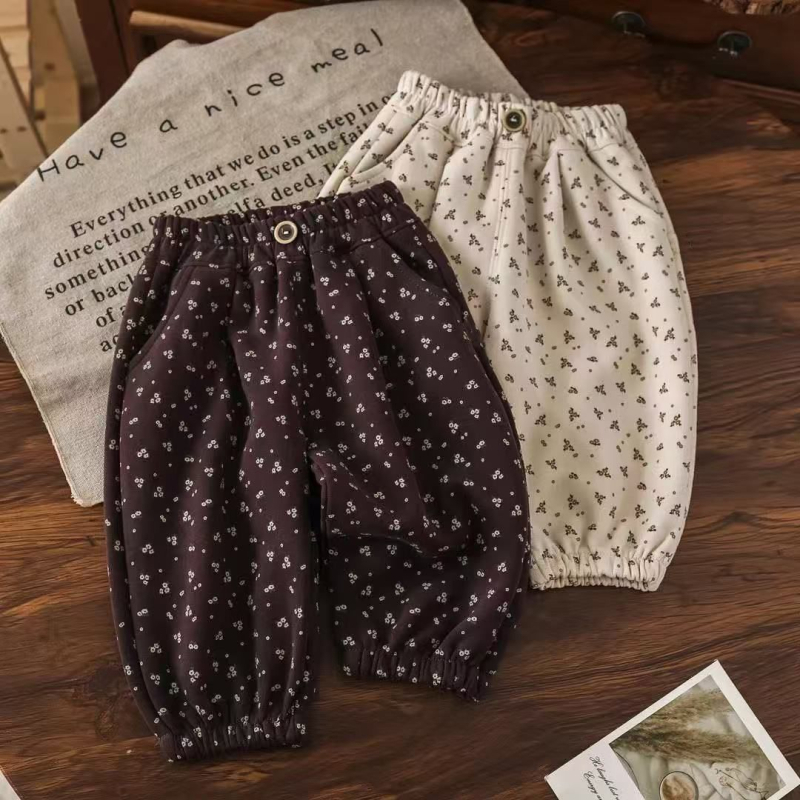 Pantalone za bebe djevojčice u francuskom stilu s cvjetnim uzorkom, proljeće–jesen, široke, dugačke hlače s lampastim krojem