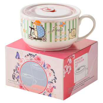 Bol ceramic pentru ramen cu capac și mâner, potrivit pentru cămin studențesc, ușor de curățat, compatibil cu microunde, cadou ideal