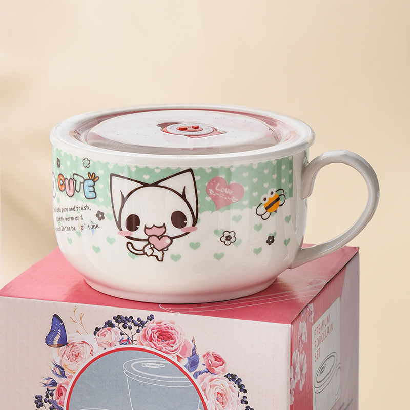 Bol ceramic pentru ramen cu capac și mâner, potrivit pentru cămin studențesc, ușor de curățat, compatibil cu microunde, cadou ideal