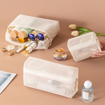 Geantă de machiaj din plasă respirabilă, organizator de călătorie pentru cosmetice, compartiment compact pentru ruj.
