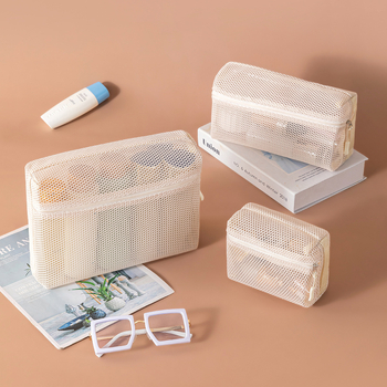 Geantă de machiaj din plasă respirabilă, organizator de călătorie pentru cosmetice, compartiment compact pentru ruj.