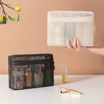 Geantă de machiaj din plasă respirabilă, organizator de călătorie pentru cosmetice, compartiment compact pentru ruj.