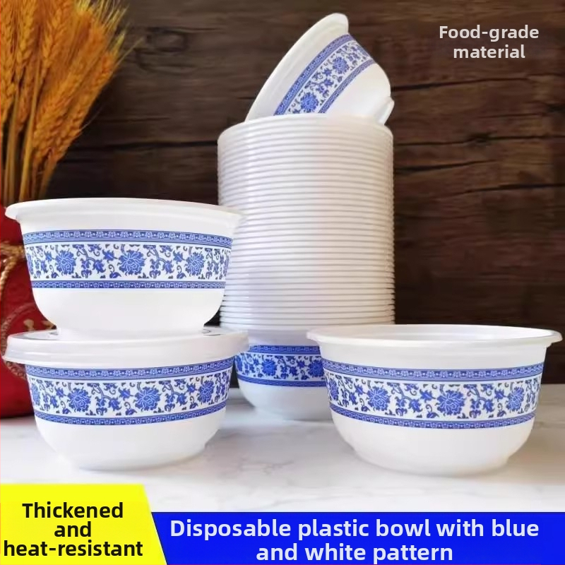 Boluri din plastic de unică folosință, cu model albastru-alb, rotunde, pentru orez și supă, stil pastoral chinezesc