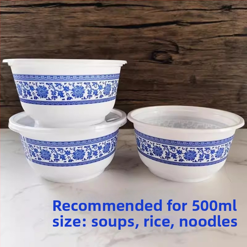 Boluri din plastic de unică folosință, cu model albastru-alb, rotunde, pentru orez și supă, stil pastoral chinezesc