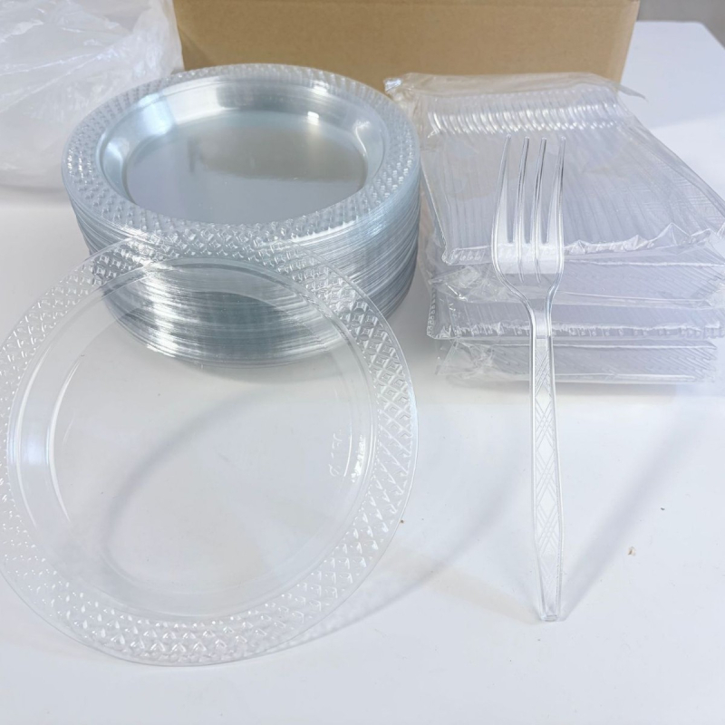 Set de veselă plastic de unică folosință, cu farfurii transparente rotunde, farfurii pentru tort și tacâmuri cu dungi