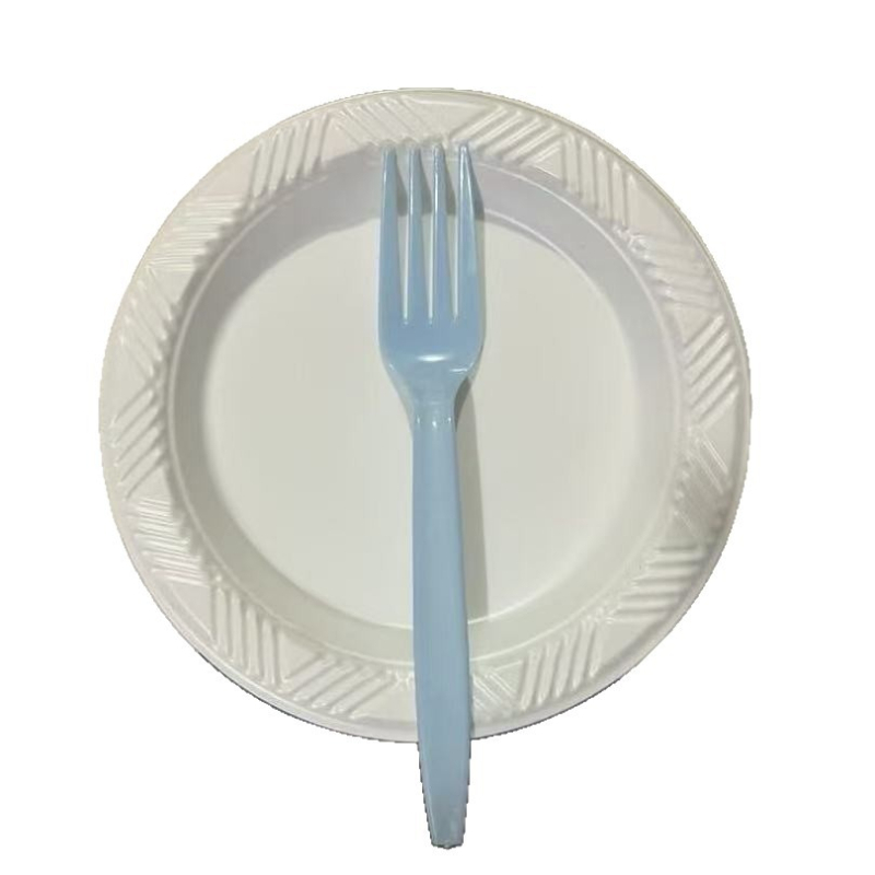 Set de veselă plastic de unică folosință, cu farfurii transparente rotunde, farfurii pentru tort și tacâmuri cu dungi