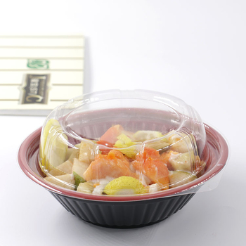 Vas rotund din plastic PP, roșu-negru, pentru salată, somon sashimi, ramen și supă, bol de unică folosință, capacitate 420 ml
