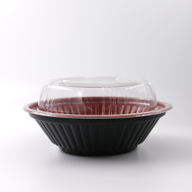 Vas rotund din plastic PP, roșu-negru, pentru salată, somon sashimi, ramen și supă, bol de unică folosință, capacitate 420 ml