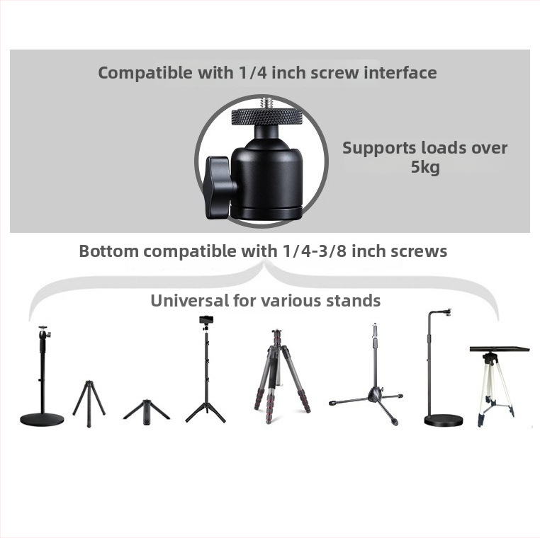 Kovová gimbalová hlava na tripod, kompatibilná s bezzrkadlovkami a DSLR, 3/8 palcový závit, 360° pan/tilt
