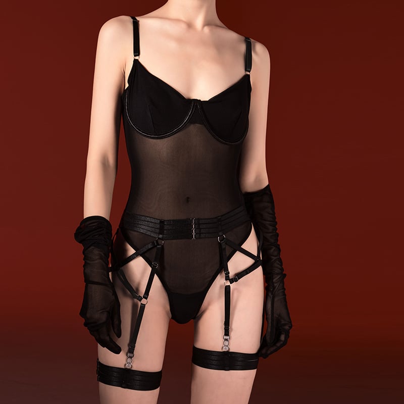 No Man's Land Roz Patchwork Plasă Set Sutien cu Bretele și Bodysuit Întărit