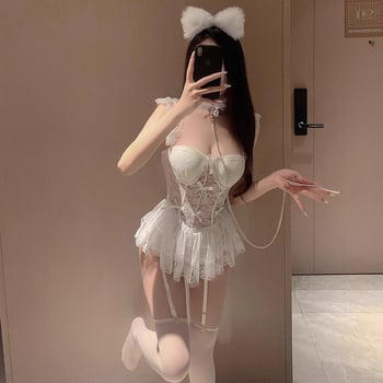 Bustier din plasă transparentă cu dantelă, set de lenjerie intimă și rochie de noapte scurtă