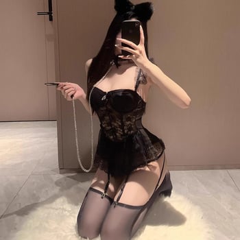 Bustier din plasă transparentă cu dantelă, set de lenjerie intimă și rochie de noapte scurtă