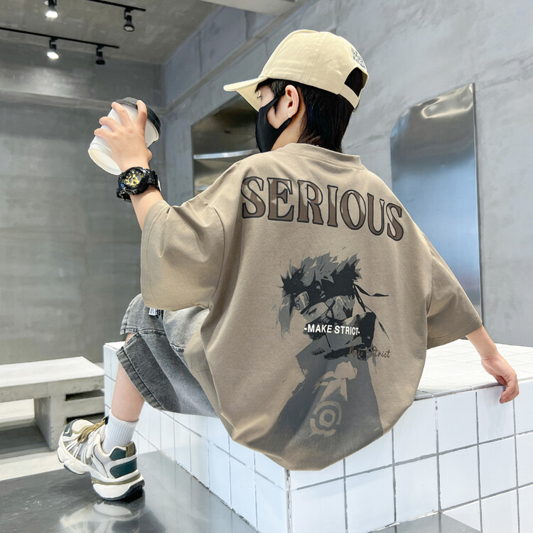 Fiúgyerekeknek nyomott rövid ujjú T‑shirt, koreai stílus, laza szabás, nyári felső karikatúra mintával