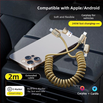 CarPlay pružný kábel do auta, 4 v 1, 240W rýchle nabíjanie pre Apple a Huawei telefóny