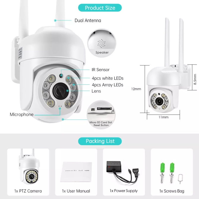 HAMSCY bežična WiFi 360° PTZ kamera za unutarnju i vanjsku upotrebu, vodootporna, daljinsko praćenje, HD noćni pogled