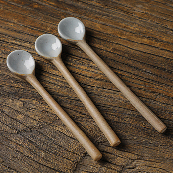 Linguriță de cafea din ceramică, mâner lung, stil retro japonez, realizată manual