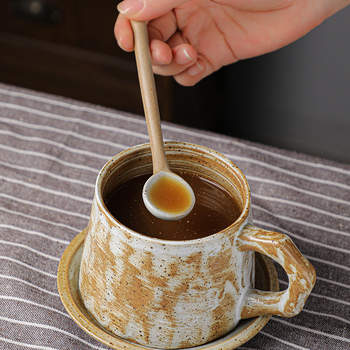 Linguriță de cafea din ceramică, mâner lung, stil retro japonez, realizată manual