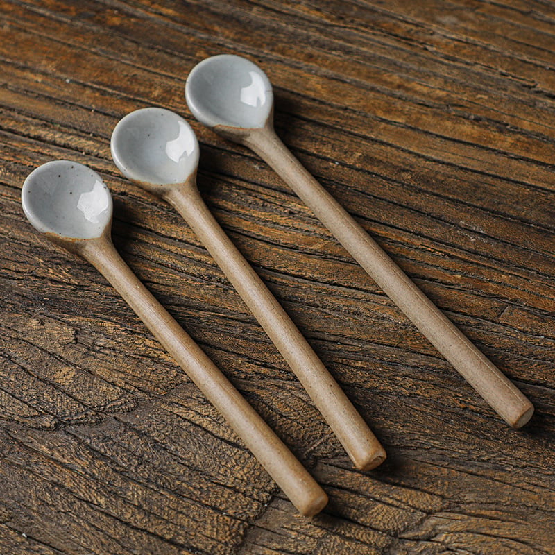 Linguriță de cafea din ceramică, mâner lung, stil retro japonez, realizată manual
