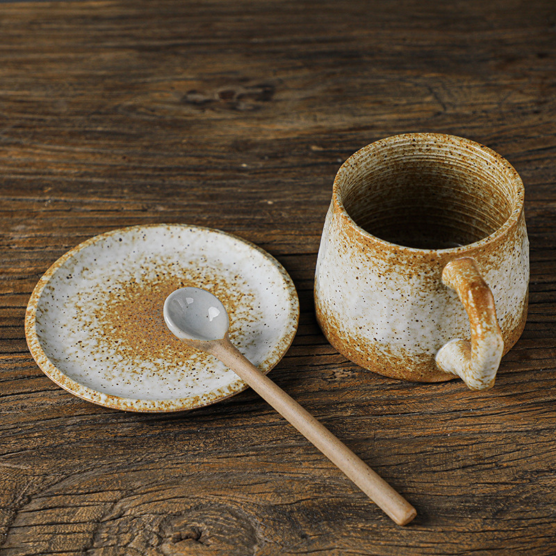 Linguriță de cafea din ceramică, mâner lung, stil retro japonez, realizată manual