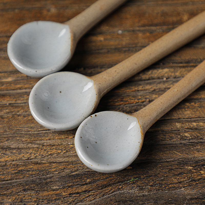 Linguriță de cafea din ceramică, mâner lung, stil retro japonez, realizată manual