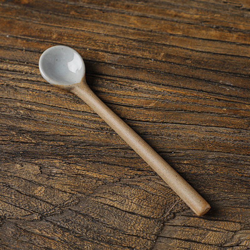 Linguriță de cafea din ceramică, mâner lung, stil retro japonez, realizată manual
