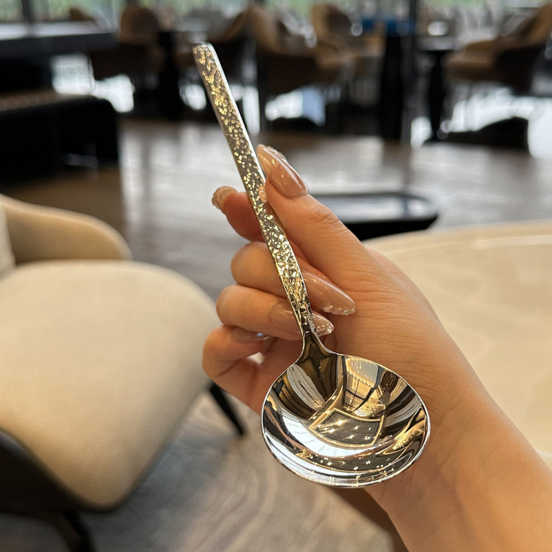 Lingură din oțel inoxidabil 304, textură ciocănită, mâner lung, pentru bucătărie occidentală și hoteluri, lingură de amestecat, supă, lingură de desert