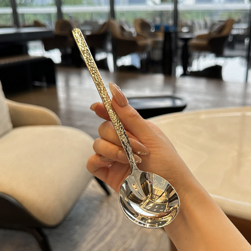 Lingură din oțel inoxidabil 304, textură ciocănită, mâner lung, pentru bucătărie occidentală și hoteluri, lingură de amestecat, supă, lingură de desert