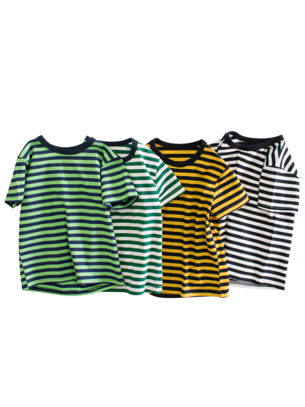 27KIDS gyerekeknek szóló nyári rövid ujjú T‑shirt, egyszerű csíkokkal, pamut, kerek nyakú, 3–8 éveseknek