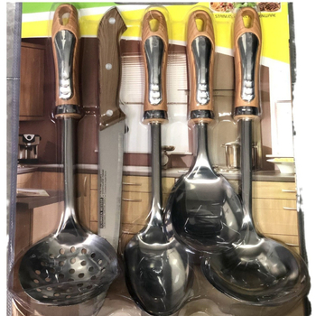 Set de ustensile din oțel inox cu mâner imitatie de lemn – spatulă, lingură de supă și lingură cu găuri